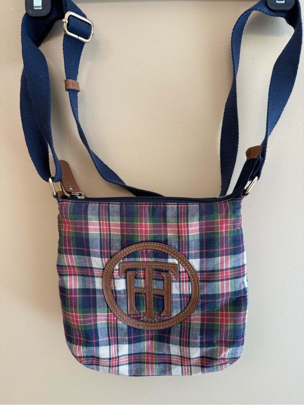 Tommy Hilfiger Navy, Green & Red Plaid Crossbody with Brown Leather Trim